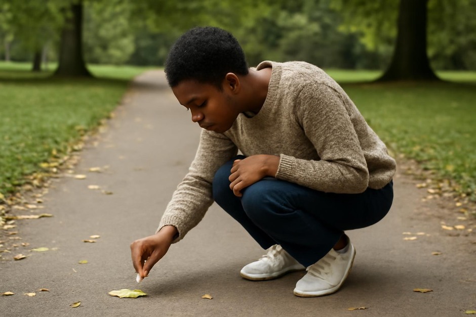 Person looking closely at leaves on a park path